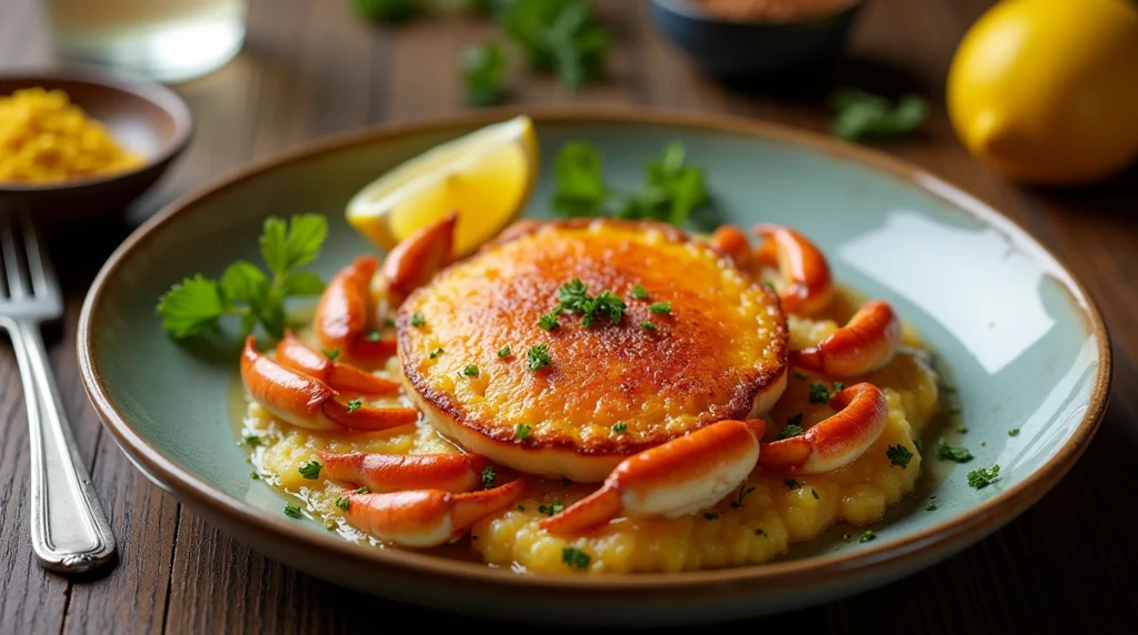 An elegant presentation of crab brulee, golden caramelized topping with fresh herbs on top.