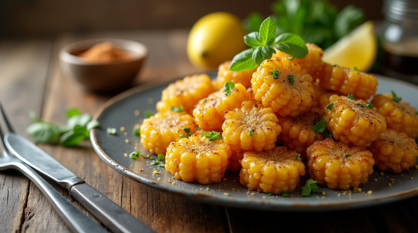 Delicious fried corn recipe served with fresh herbs and butter.