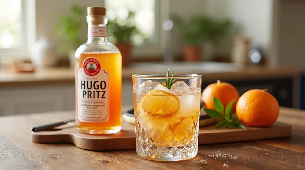 A refreshing Hugo Spritz cocktail served with mint and citrus slices.