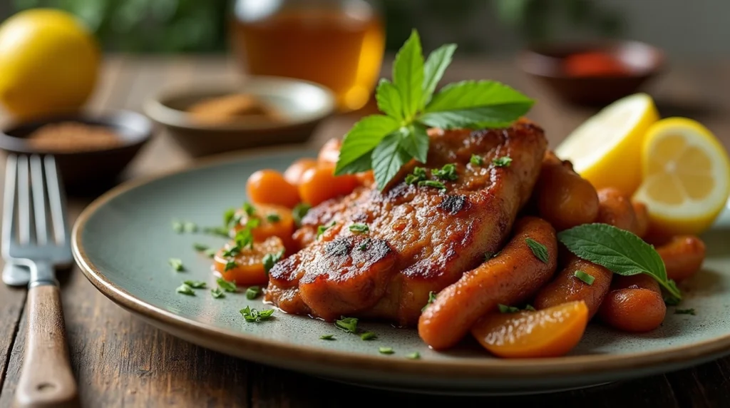 A cooked lion's mane mushroom recipe featuring golden-brown mushrooms garnished with fresh herbs.