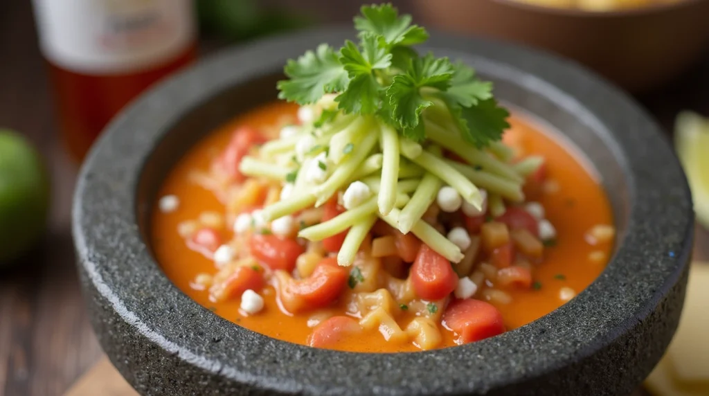 A beautifully served molcajete dish with sizzling meats, fresh vegetables, and a vibrant tomato sauce.