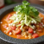 A beautifully served molcajete dish with sizzling meats, fresh vegetables, and a vibrant tomato sauce.