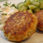 Old-fashioned salmon patties recipe served on a plate with lemon wedges and tartar sauce.