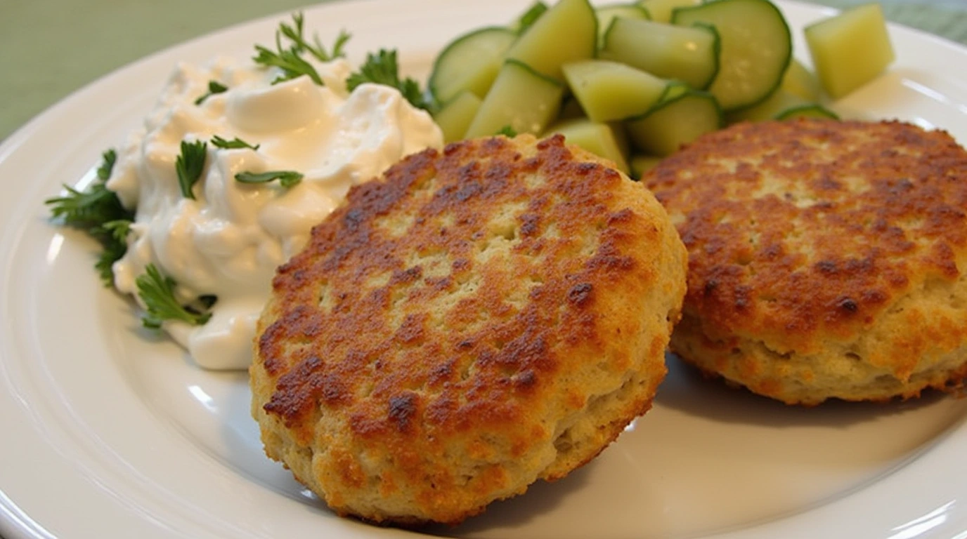 Old-fashioned salmon patties recipe served on a plate with lemon wedges and tartar sauce.