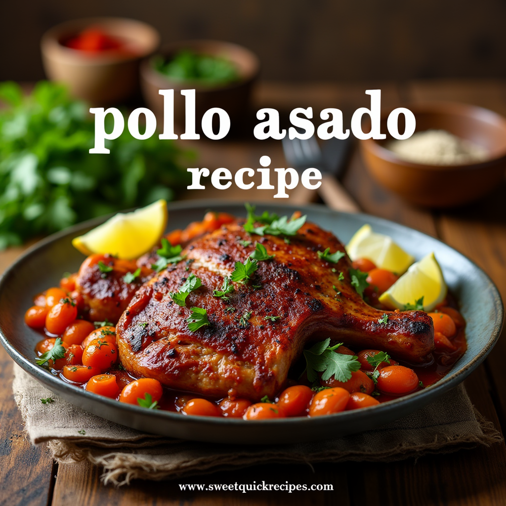 A beautifully grilled pollo asado with golden crispy skin, garnished with lime wedges and fresh herbs.