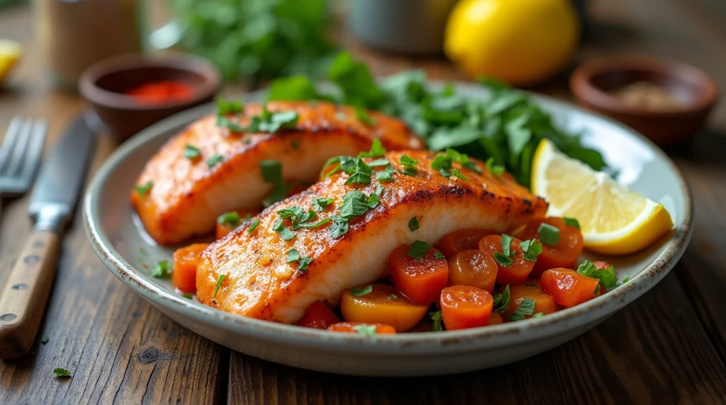 A freshly cooked rockfish dish garnished with herbs and lemon slices.