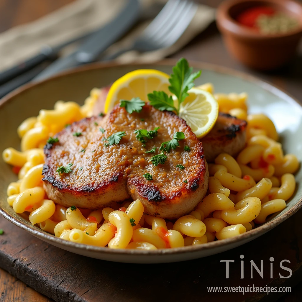 A bowl of creamy and golden Tini's Mac and Cheese garnished with fresh herbs.