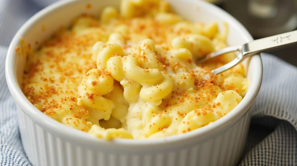 A bowl of creamy and golden Tini's Mac and Cheese Recipe garnished with fresh herbs.