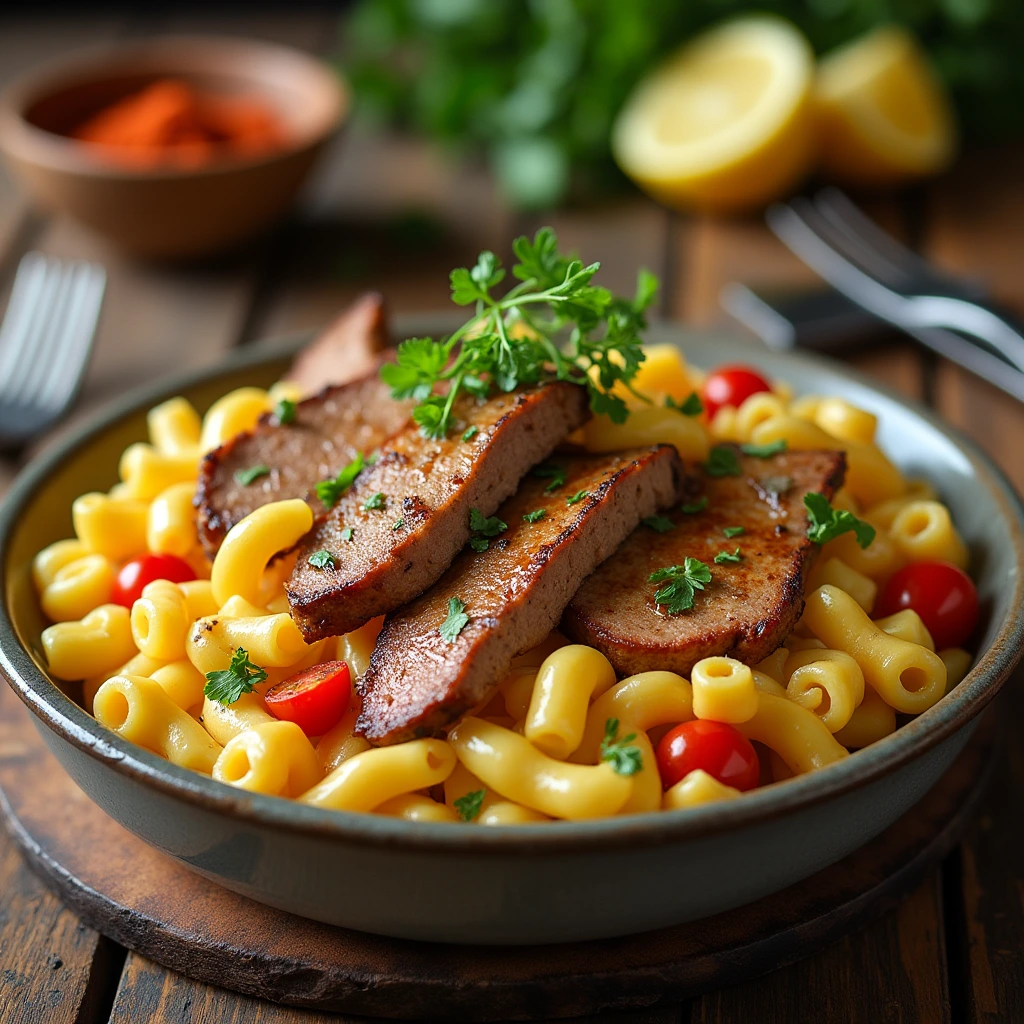 A bowl of creamy and golden Tini's Mac and Cheese garnished with fresh herbs.